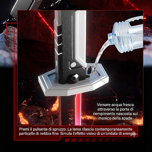 Spada Laser Giocattolo Interstellare per Bambini - Luci LED Effetto Arcobaleno, Suoni e "Spruzzo" Vapore - Coltello Giocattolo High-Tech Finitura Rossa/Nera