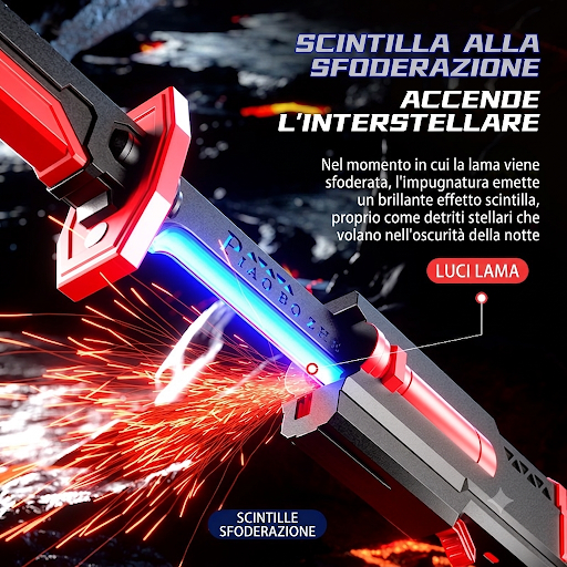 Spada Laser Giocattolo Interstellare per Bambini - Luci LED Effetto Arcobaleno, Suoni e "Spruzzo" Vapore - Coltello Giocattolo High-Tech Finitura Rossa/Nera
